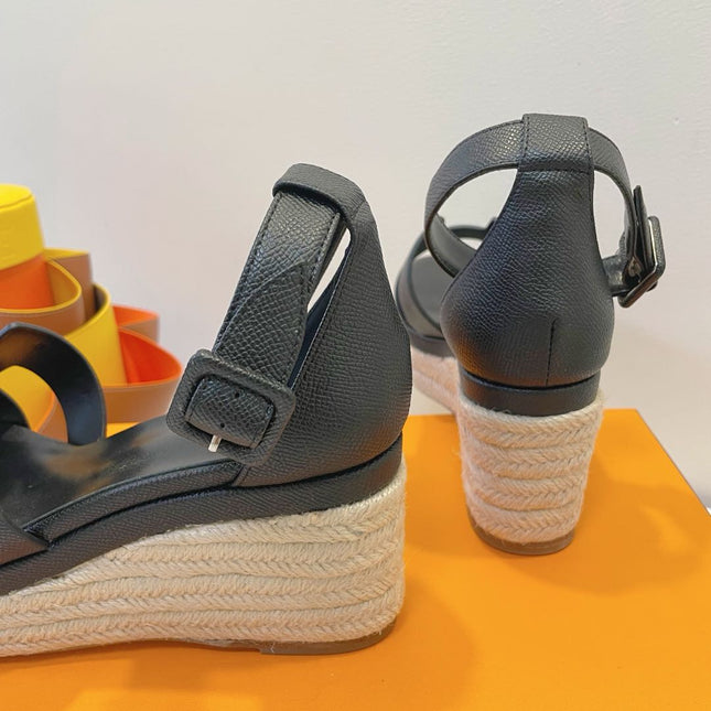 HM 26S ESPADRILLE WEDGE SANDALS IN BLACK CALFSKIN
