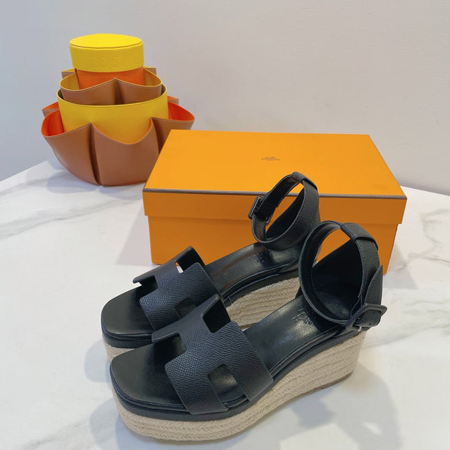 HM 26S ESPADRILLE WEDGE SANDALS IN BLACK CALFSKIN