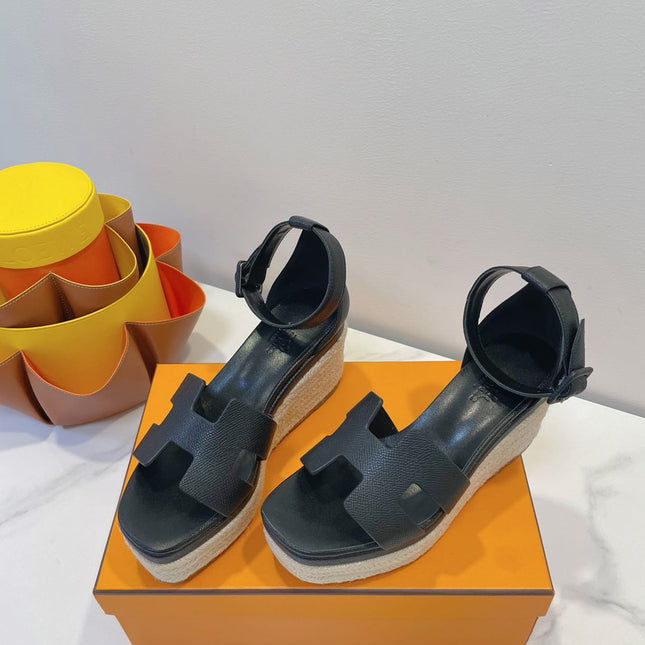 HM 26S ESPADRILLE WEDGE SANDALS IN BLACK CALFSKIN
