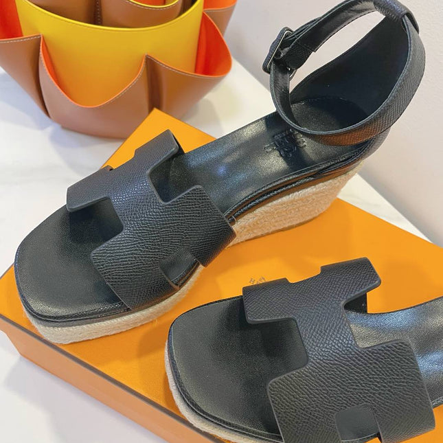 HM 26S ESPADRILLE WEDGE SANDALS IN BLACK CALFSKIN