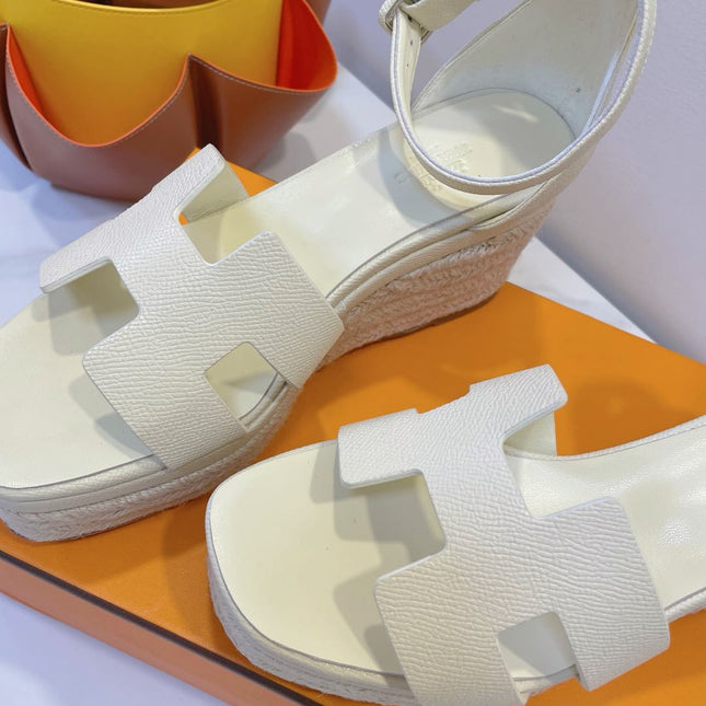 HM 26S ESPADRILLE WEDGE SANDALS IN CREAM WHITE CALFSKIN