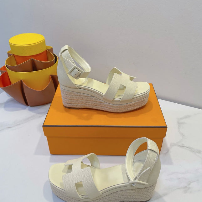 HM 26S ESPADRILLE WEDGE SANDALS IN CREAM WHITE CALFSKIN