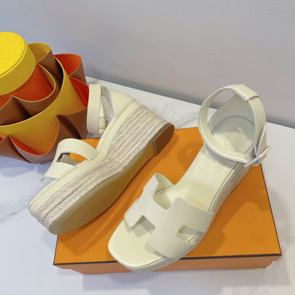 HM 26S ESPADRILLE WEDGE SANDALS IN CREAM WHITE CALFSKIN