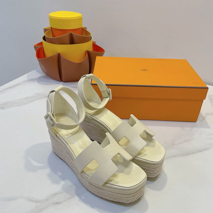 HM 26S ESPADRILLE WEDGE SANDALS IN CREAM WHITE CALFSKIN