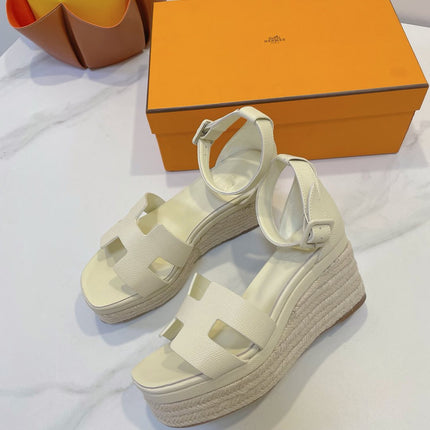 HM 26S ESPADRILLE WEDGE SANDALS IN CREAM WHITE CALFSKIN