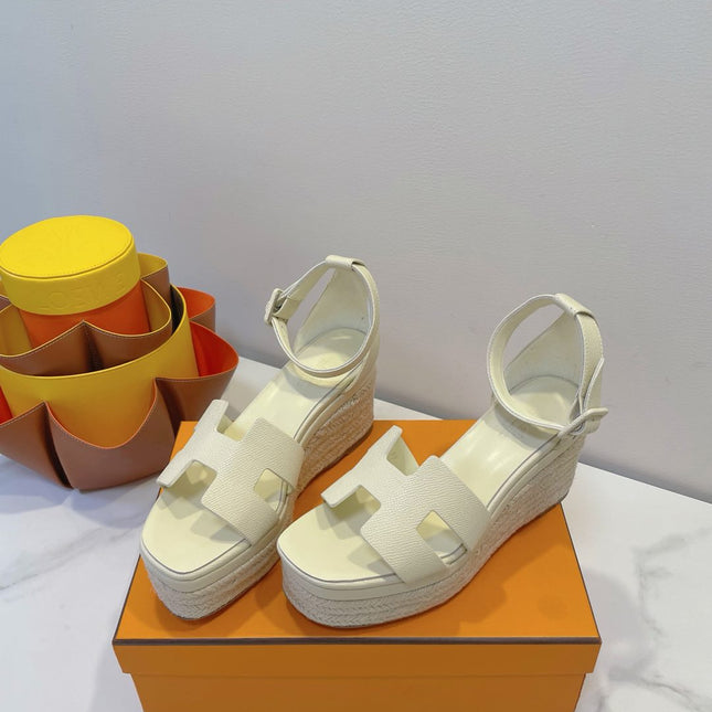 HM 26S ESPADRILLE WEDGE SANDALS IN CREAM WHITE CALFSKIN