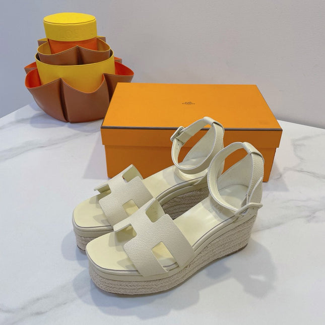 HM 26S ESPADRILLE WEDGE SANDALS IN CREAM WHITE CALFSKIN