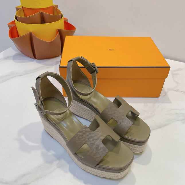 HM 26S ESPADRILLE WEDGE SANDALS IN MOSSY GREY CALFSKIN
