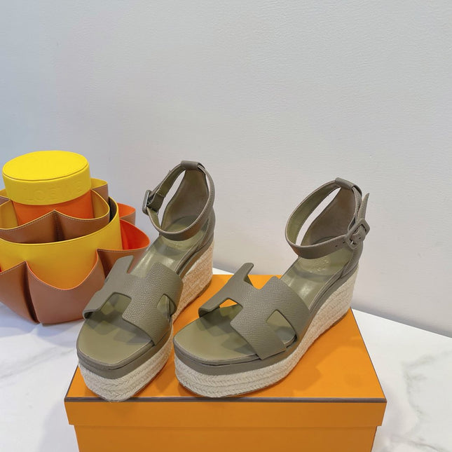 HM 26S ESPADRILLE WEDGE SANDALS IN MOSSY GREY CALFSKIN