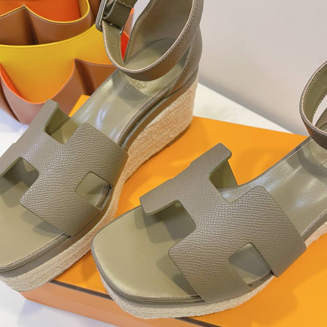 HM 26S ESPADRILLE WEDGE SANDALS IN MOSSY GREY CALFSKIN