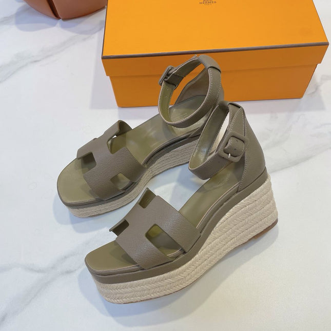 HM 26S ESPADRILLE WEDGE SANDALS IN MOSSY GREY CALFSKIN