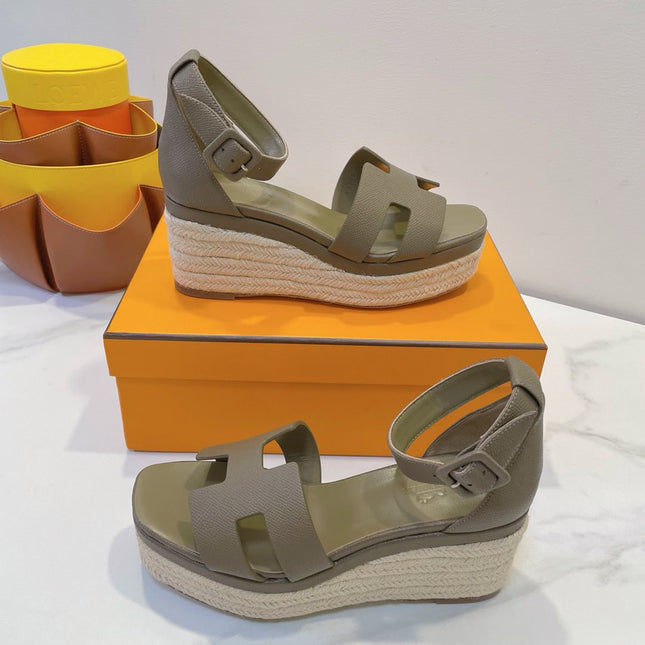 HM 26S ESPADRILLE WEDGE SANDALS IN MOSSY GREY CALFSKIN
