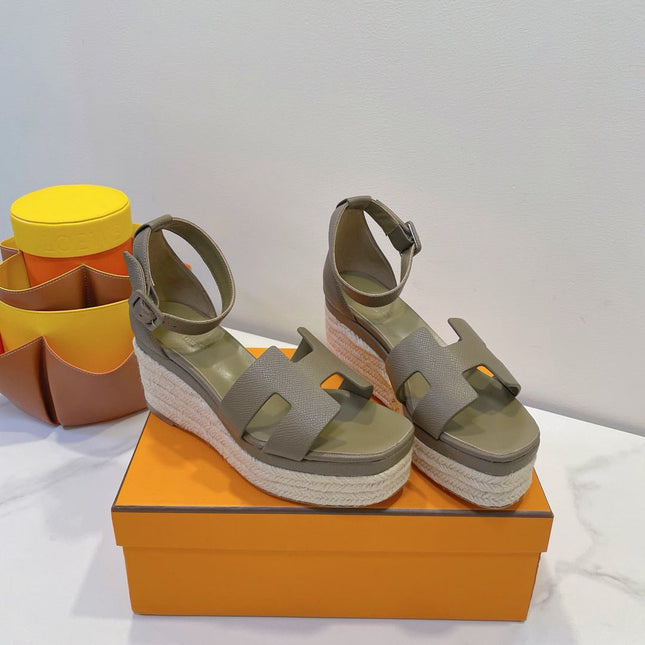 HM 26S ESPADRILLE WEDGE SANDALS IN MOSSY GREY CALFSKIN