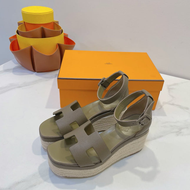 HM 26S ESPADRILLE WEDGE SANDALS IN MOSSY GREY CALFSKIN