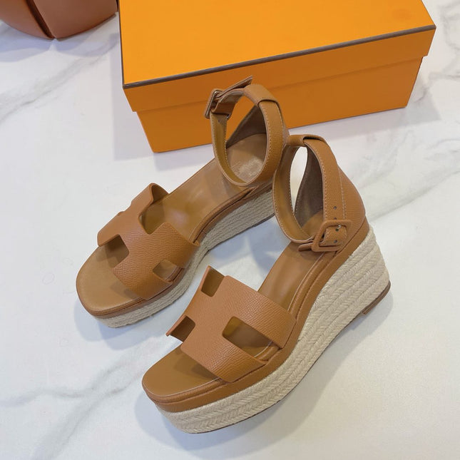 HM 26S ESPADRILLE WEDGE SANDALS IN BROWN CALFSKIN