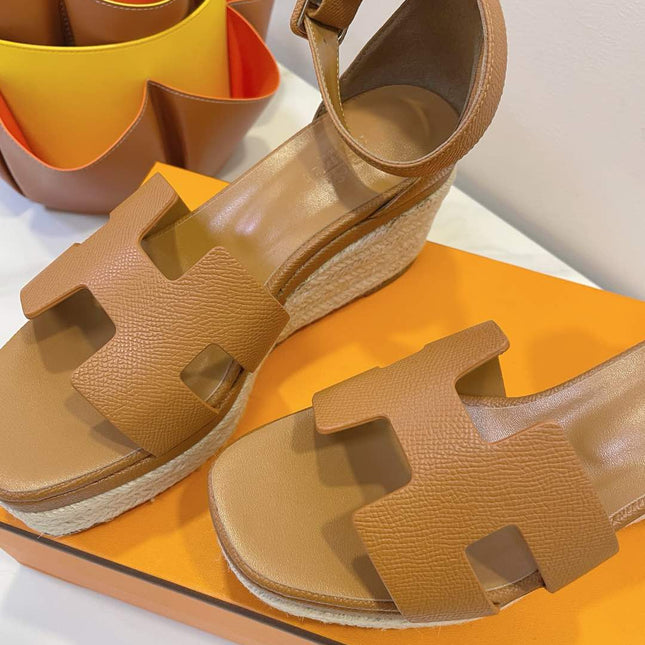 HM 26S ESPADRILLE WEDGE SANDALS IN BROWN CALFSKIN