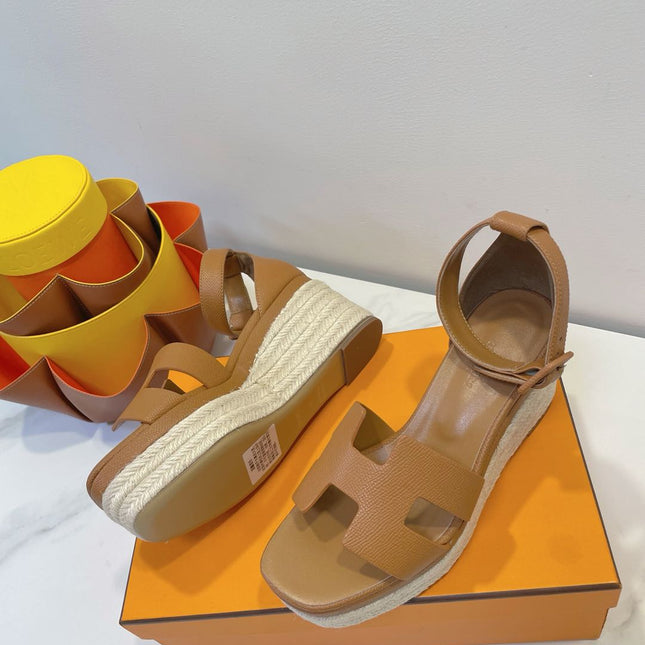 HM 26S ESPADRILLE WEDGE SANDALS IN BROWN CALFSKIN