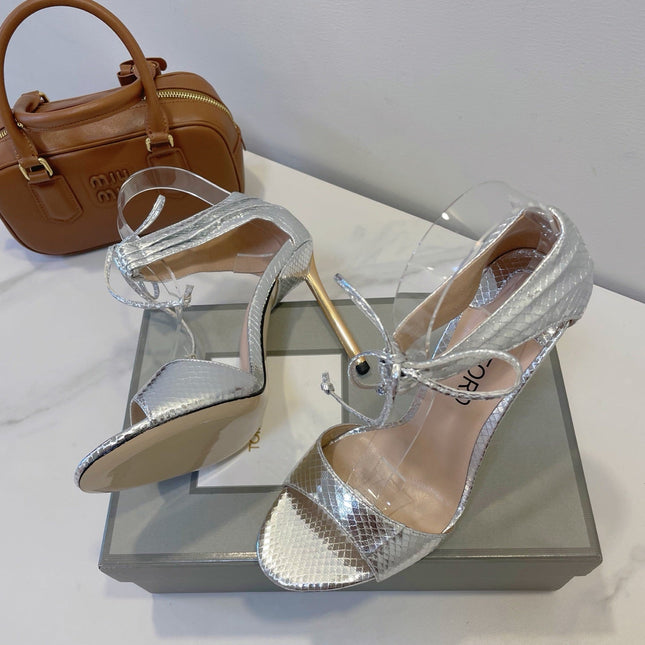 TOM FORD 26S HIGH HEEL SANDALS IN METALLIC SILVER SNAKESKIN CALFSKIN