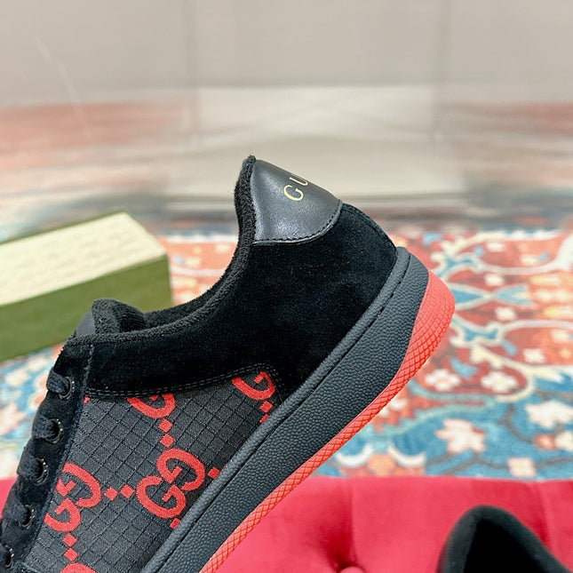 GUCCI 26S SCREENER SNEAKER IN BLACK AND RED GG CANVAS