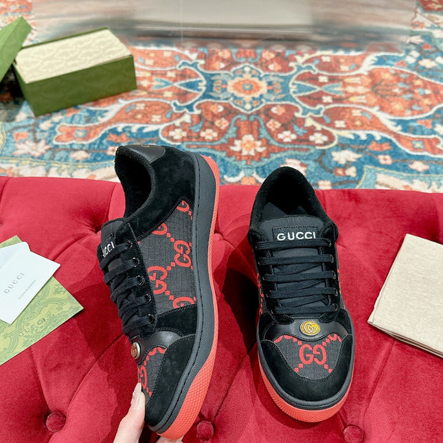 GUCCI 26S SCREENER SNEAKER IN BLACK AND RED GG CANVAS