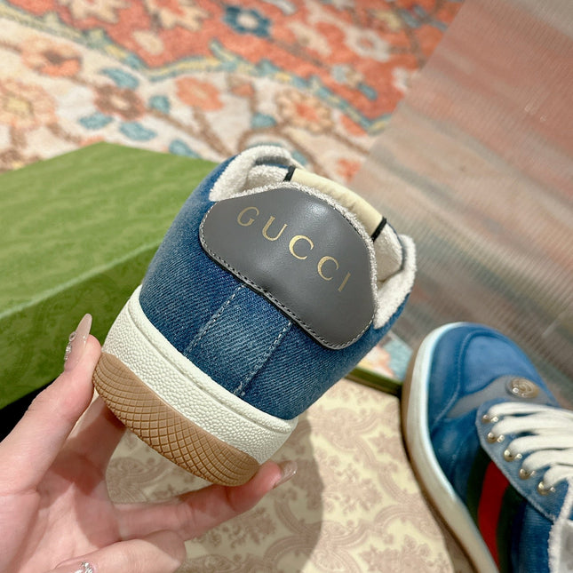 GUCCI 26S SCREENER SNEAKER IN BLUE DENIM AND LEATHER
