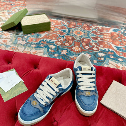 GUCCI 26S SCREENER SNEAKER IN BLUE DENIM AND LEATHER