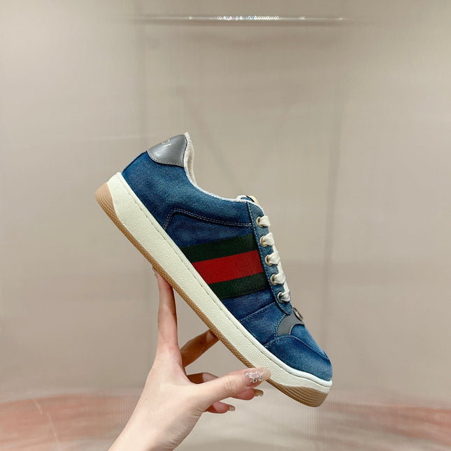 GUCCI 26S SCREENER SNEAKER IN BLUE DENIM AND LEATHER