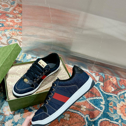 GUCCI 26S SCREENER SNEAKER IN DARK BLUE DENIM AND LEATHER