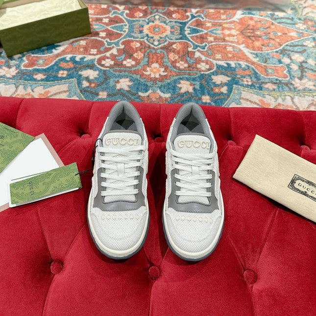GUCCI 26S SNEAKERS IN WHITE MESH FABRIC AND GREY CALFSKIN