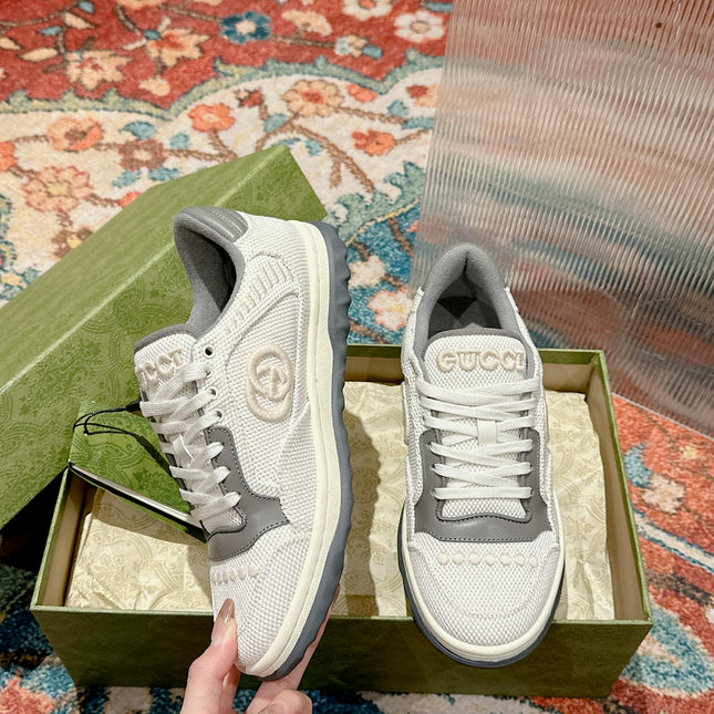 GUCCI 26S SNEAKERS IN WHITE MESH FABRIC AND GREY CALFSKIN