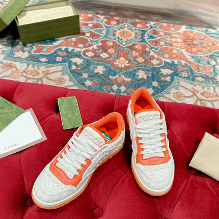 GUCCI 26S SNEAKERS IN WHITE MESH FABRIC AND ORANGE CALFSKIN