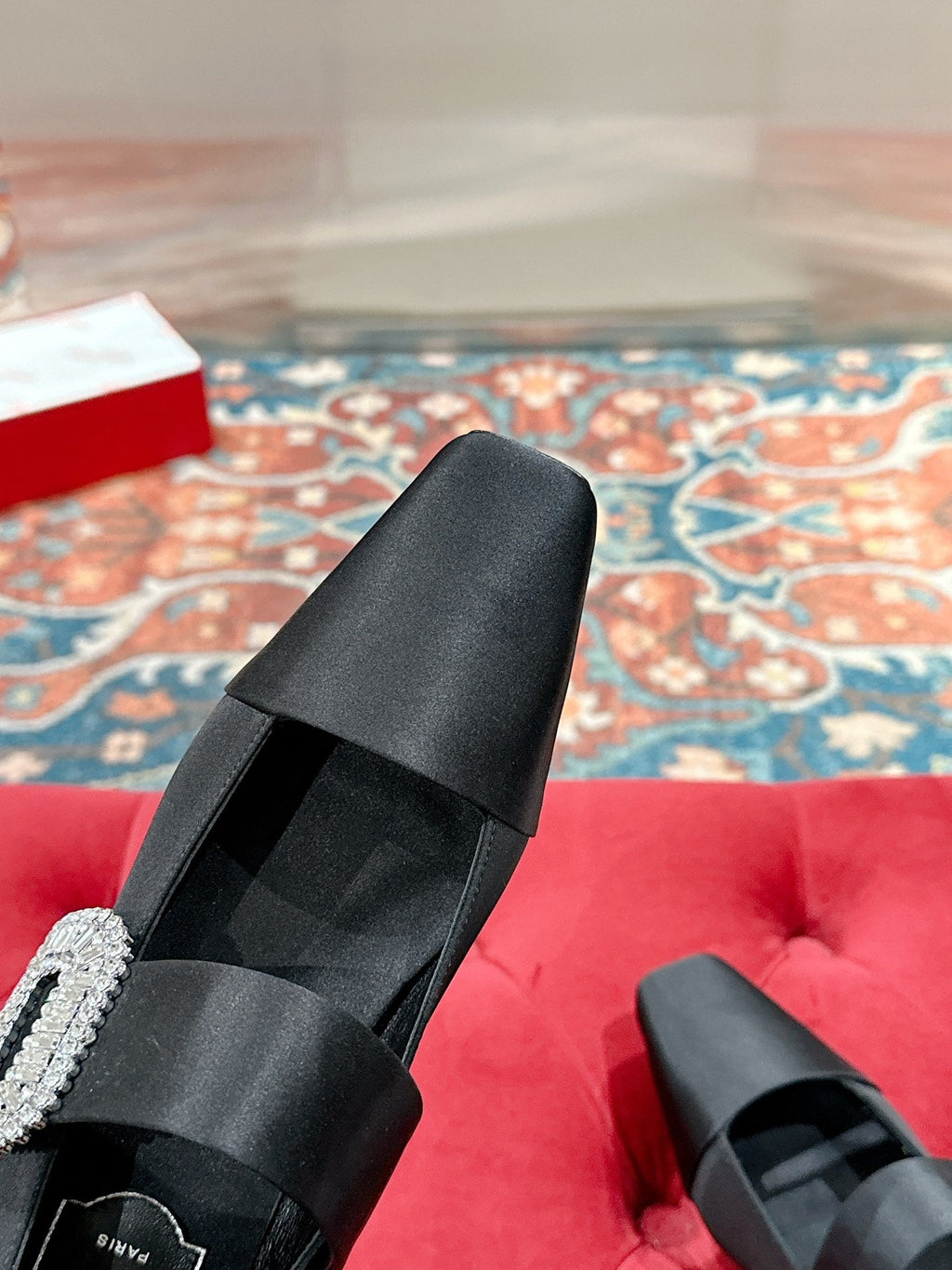 MARY JANES IN BLACK SATIN WITH CRYSTAL SQUARE BUCKLE