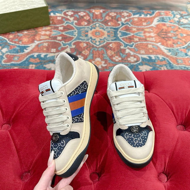 GUCCI 26S SCREENER SNEAKER IN BEIGE SUEDE MIX NAVY BLUE CANVAS