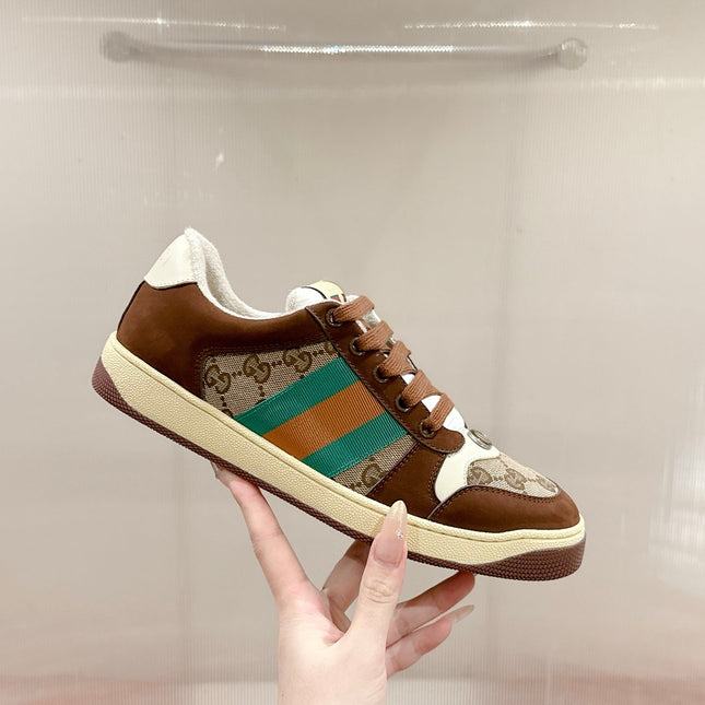 GUCCI 26S SCREENER SNEAKER IN BROWN SUEDE AND BEIGE CANVAS