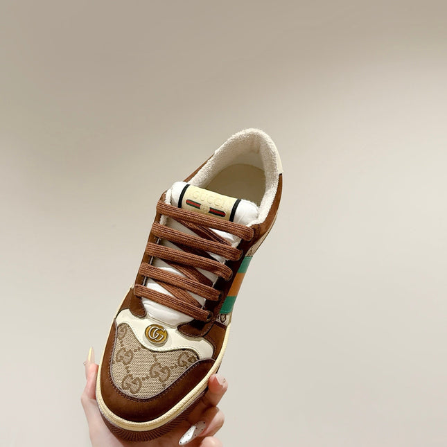 GUCCI 26S SCREENER SNEAKER IN BROWN SUEDE AND BEIGE CANVAS