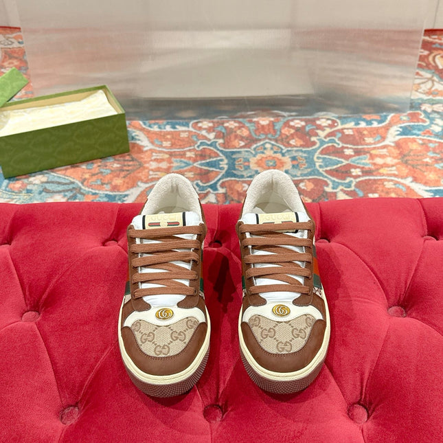 GUCCI 26S SCREENER SNEAKER IN BROWN SUEDE AND BEIGE CANVAS