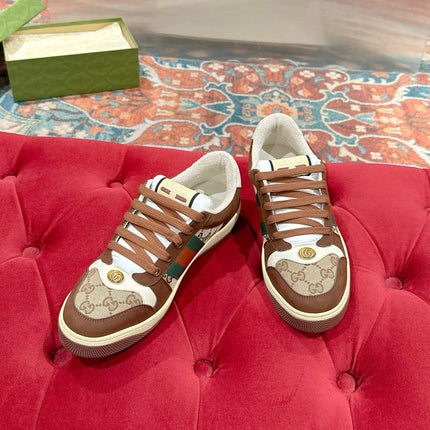 GUCCI 26S SCREENER SNEAKER IN BROWN SUEDE AND BEIGE CANVAS