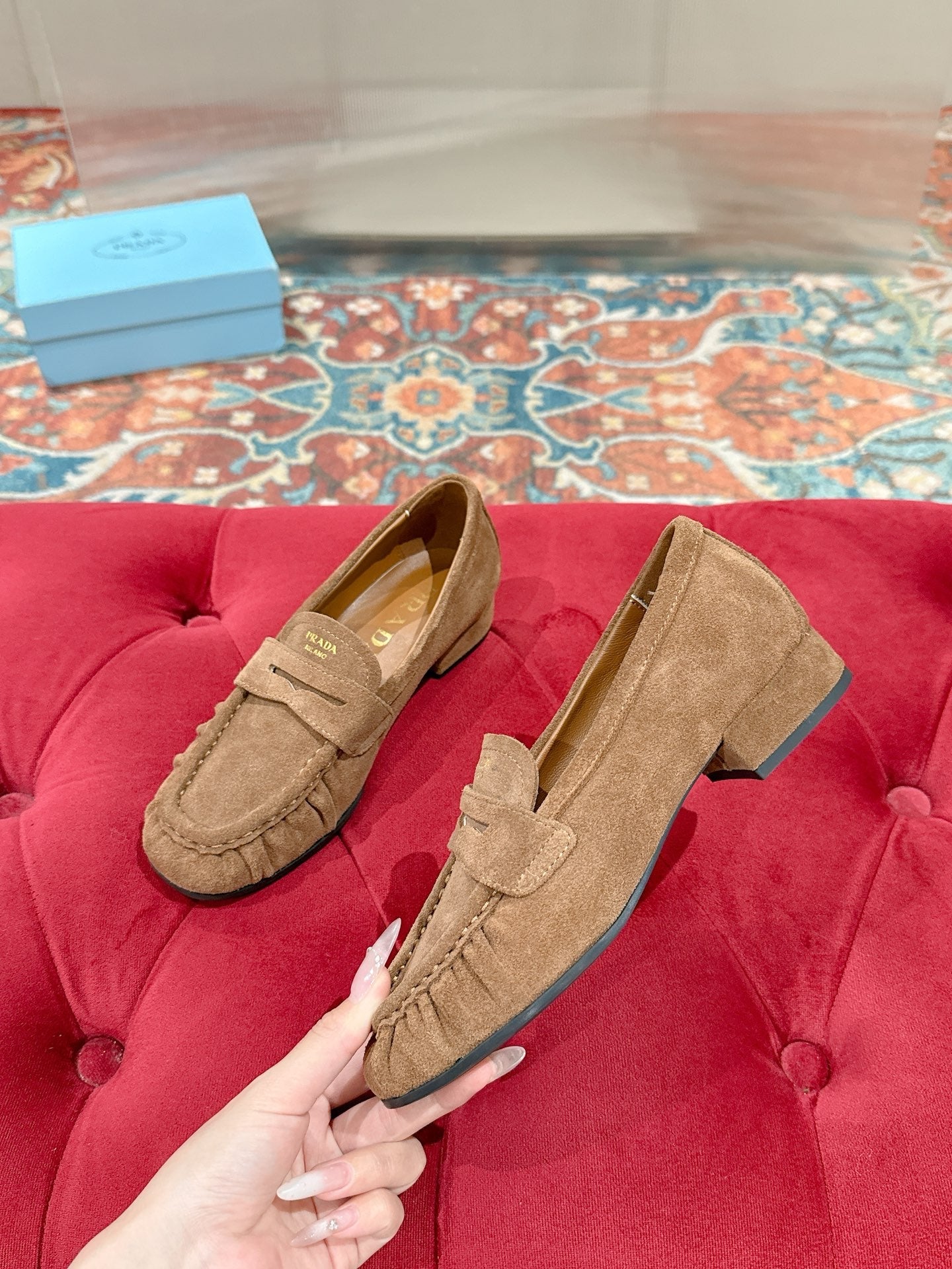 PRADA 26S LOAFERS 25MM IN CARAMEL BROWN SUEDE