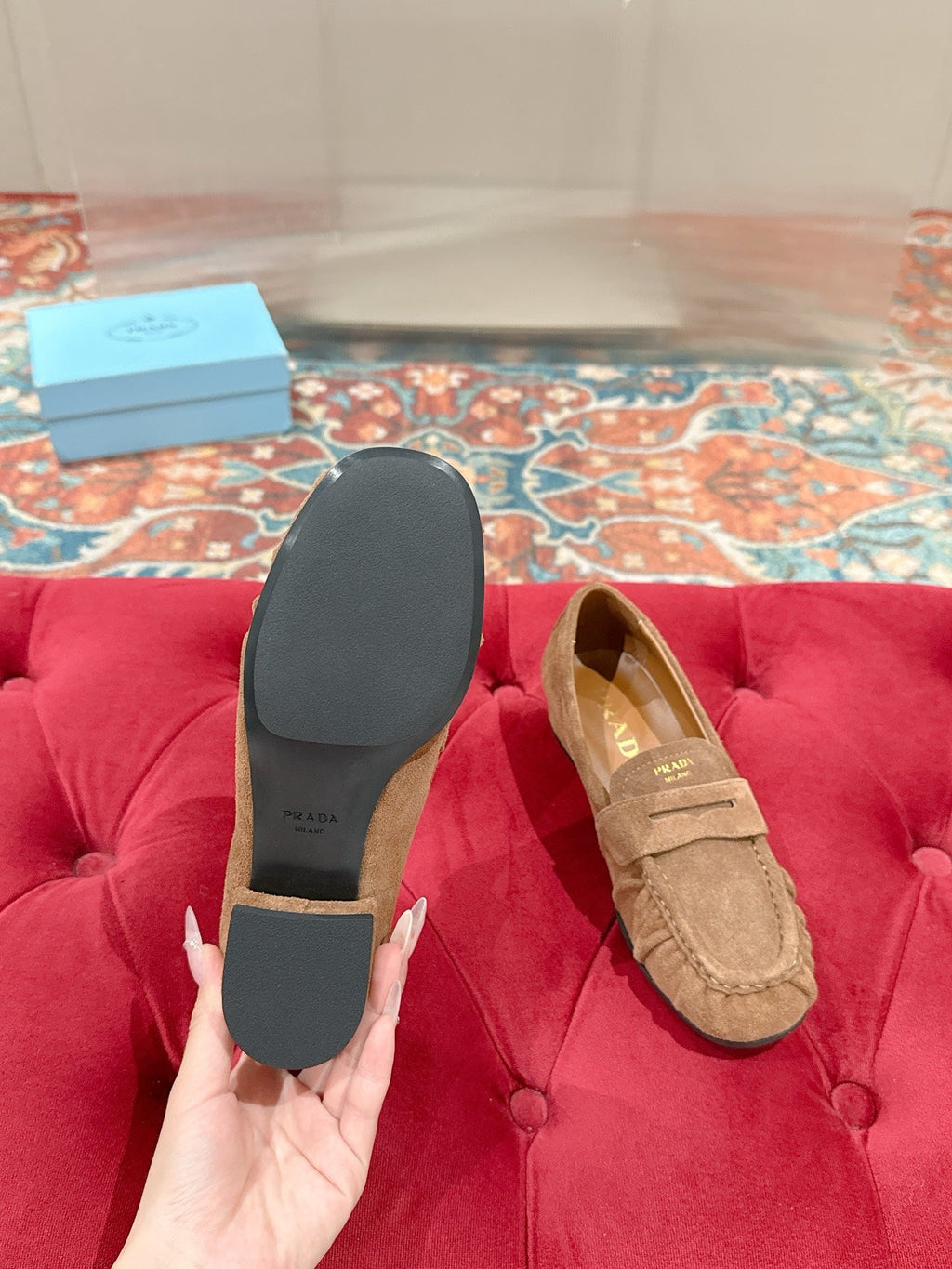 PRADA 26S LOAFERS 25MM IN CARAMEL BROWN SUEDE