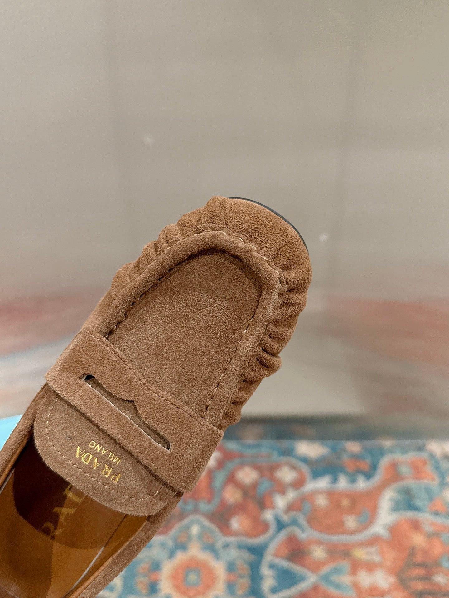 PRADA 26S LOAFERS 25MM IN CARAMEL BROWN SUEDE
