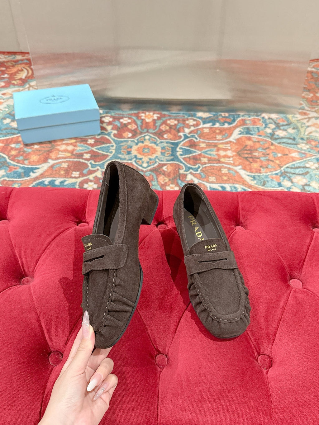 PRADA 26S LOAFERS 25MM IN CHOCOLATE BROWN SUEDE