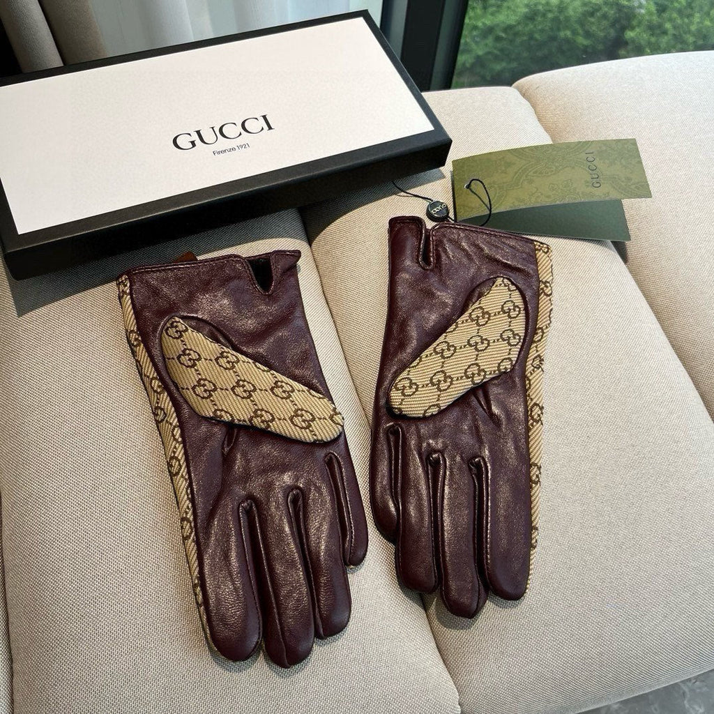 HORSEBIT GLOVES IN BEIGE MONOGRAM JACQUARD FABRIC MIX MERLOT RED SHEEPSKIN 456334