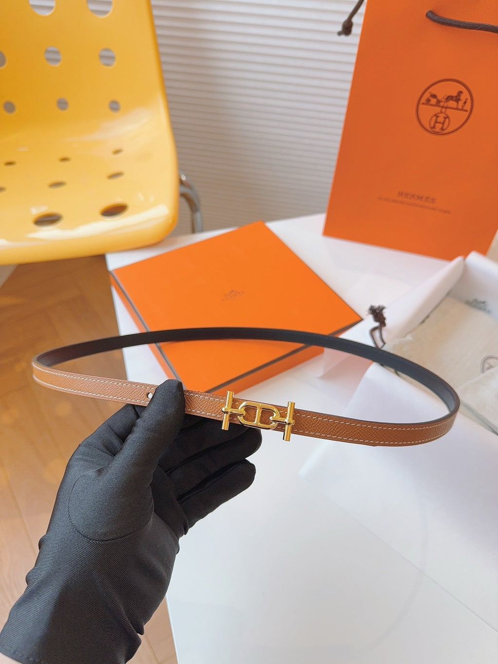 HM REVERSIBLE ANCRE KIT 13MM BELT IN BROWN CALFSKIN GOLD-TONE HARDWARE
