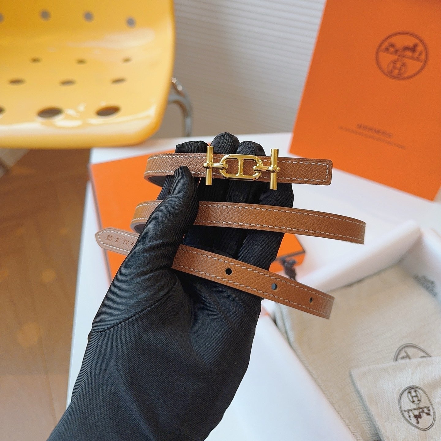 HM REVERSIBLE ANCRE KIT 13MM BELT IN BROWN CALFSKIN GOLD-TONE HARDWARE