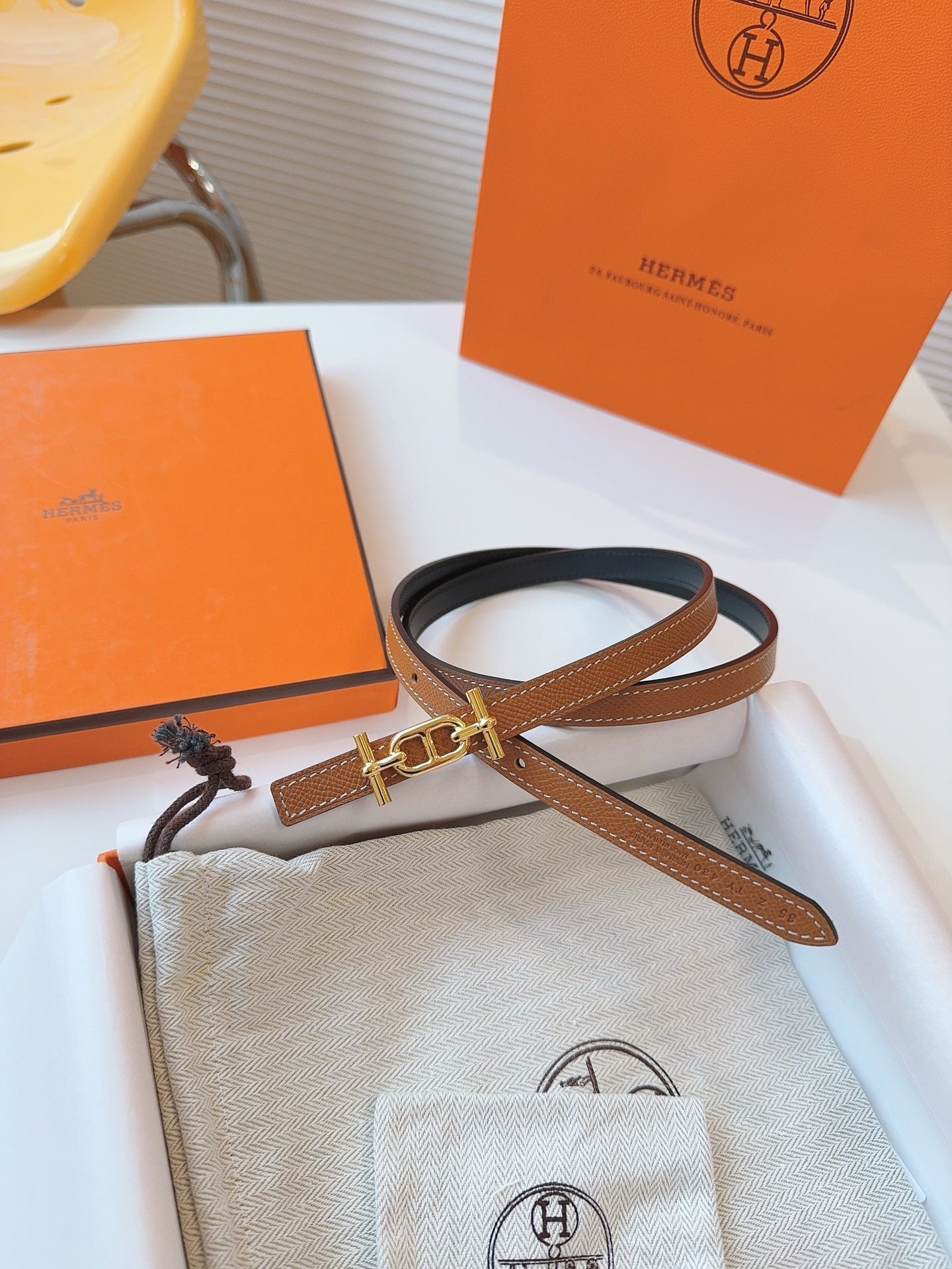 HM REVERSIBLE ANCRE KIT 13MM BELT IN BROWN CALFSKIN GOLD-TONE HARDWARE