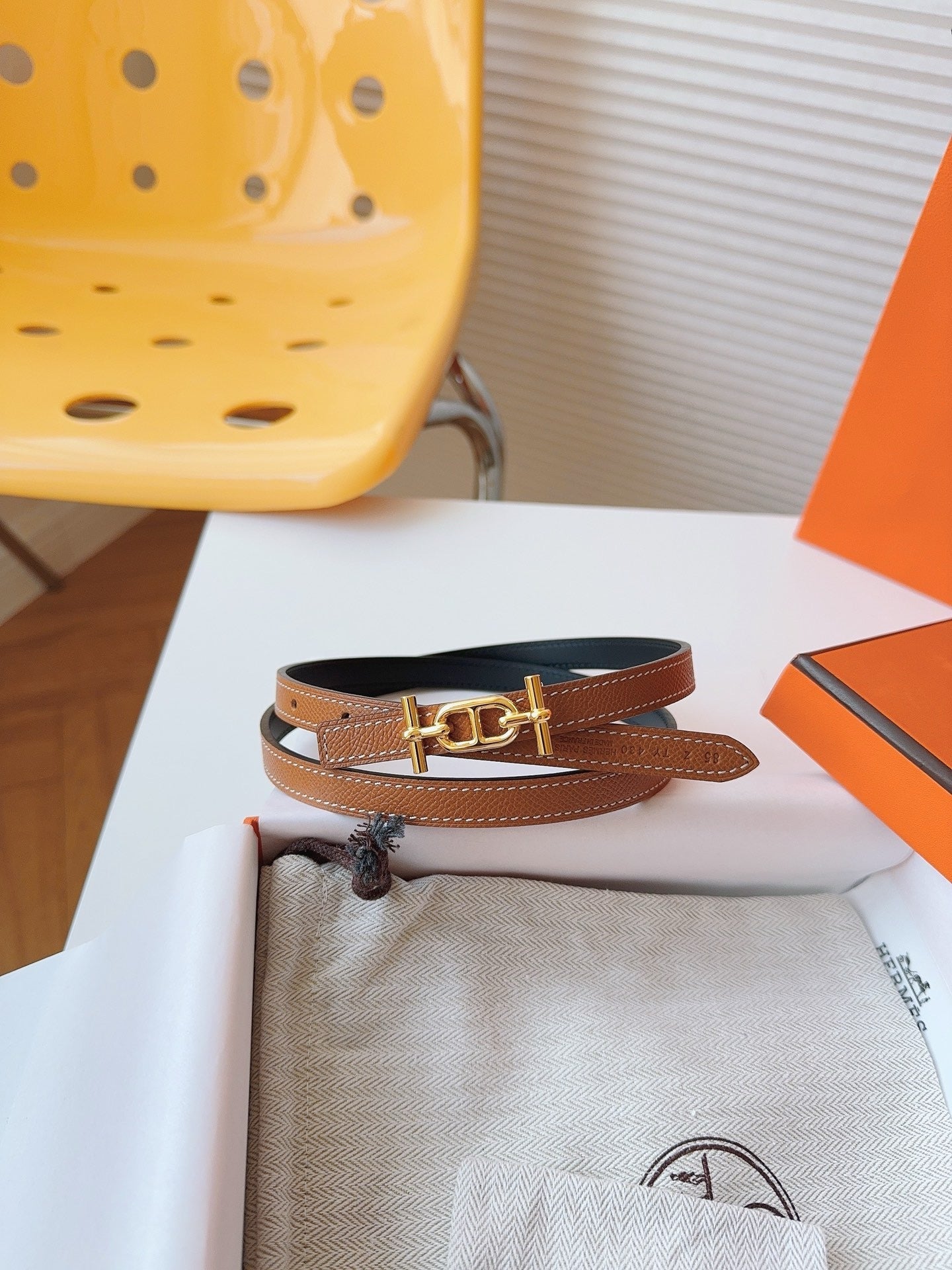 HM REVERSIBLE ANCRE KIT 13MM BELT IN BROWN CALFSKIN GOLD-TONE HARDWARE