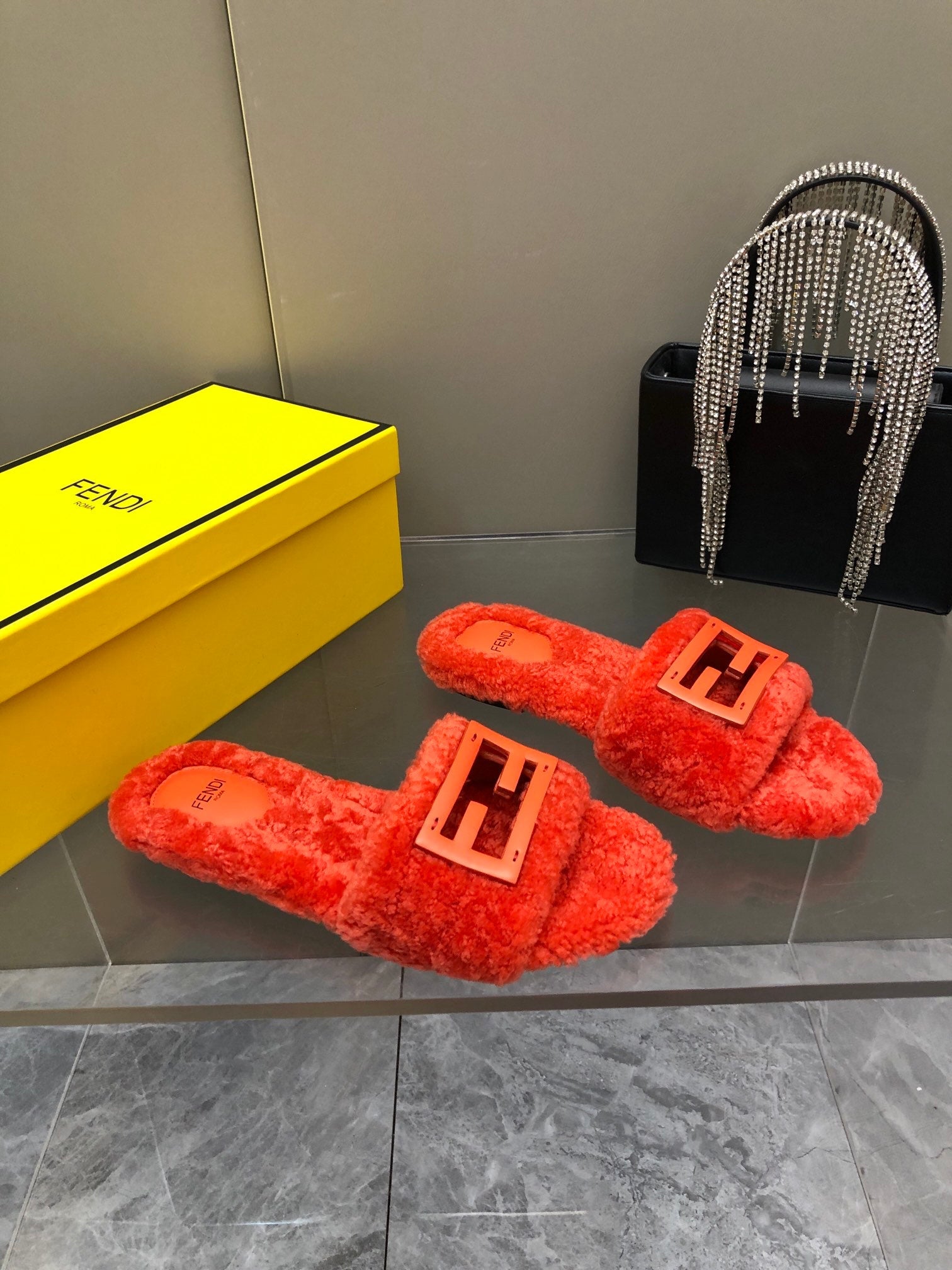 FENDI BAGUETTE SLIDE SLIPPERS IN CHERRY RED WOOL