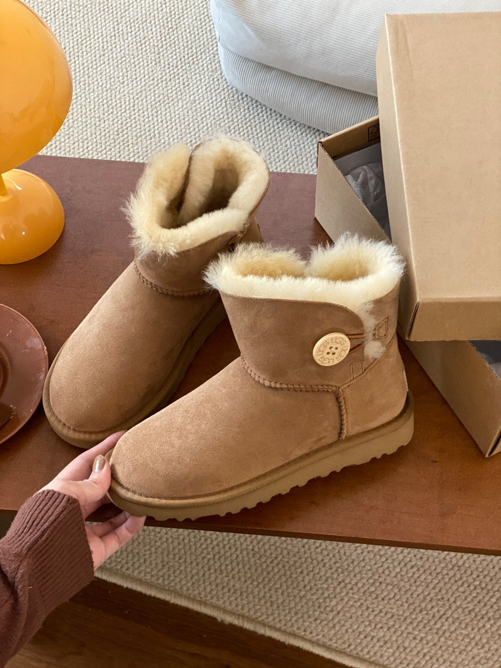 MINI BAILEY BUTTON II BOOT IN CIDER BROWN SUEDE AND SILK COTTON PADDING