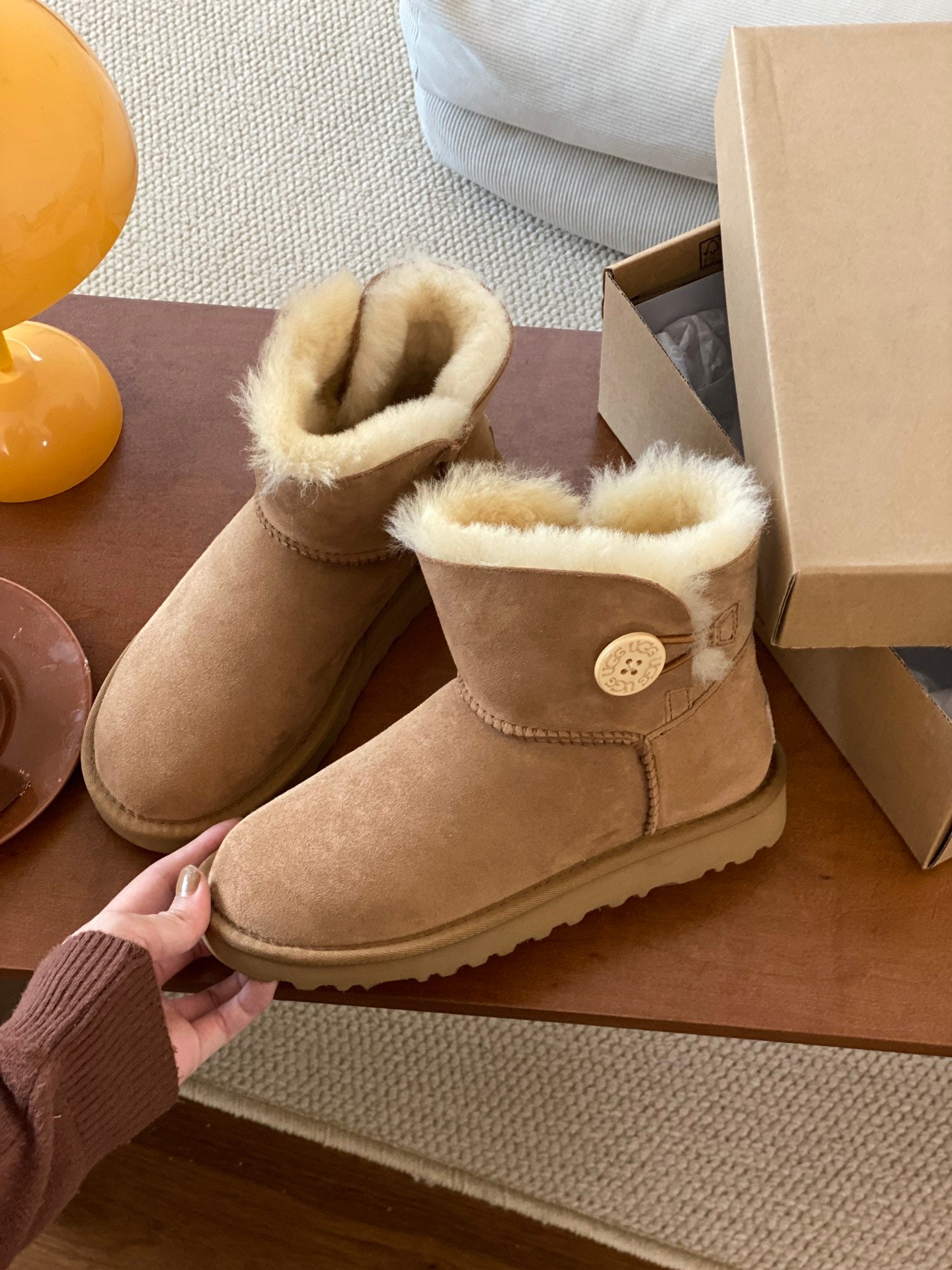 MINI BAILEY BUTTON II BOOT IN CIDER BROWN SUEDE AND SILK COTTON PADDING
