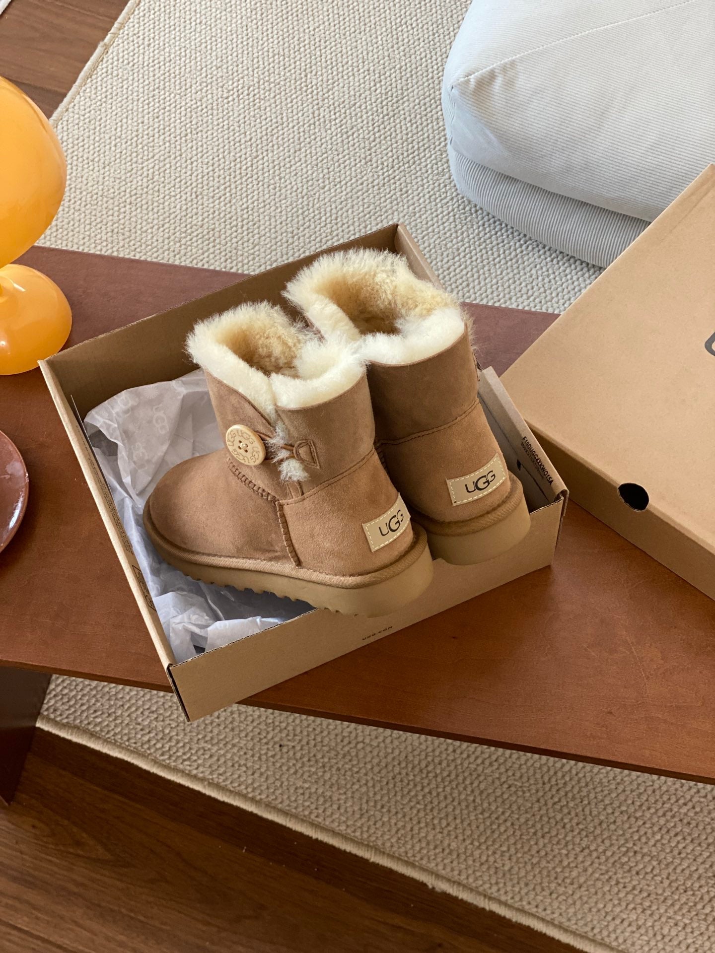 MINI BAILEY BUTTON II BOOT IN CIDER BROWN SUEDE AND SILK COTTON PADDING